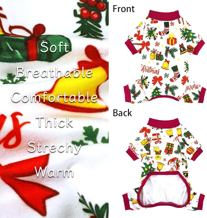 XPUDAC 4 Pack Christmas Dog Pajamas Santa Pet Clothes for Small Dogs, L | Stretchy, Soft, Breathable, Sleepwear, Gentle on Skin, Warm, Dog Christmas Outfit, Shedding Suit, All Seasons, Holiday