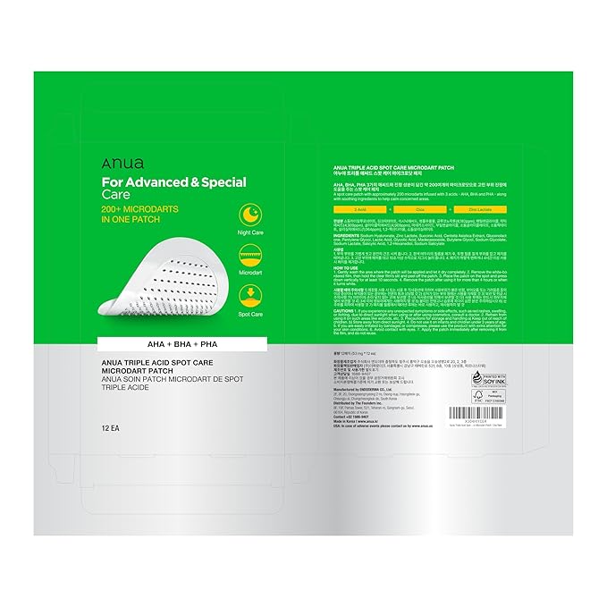 Anua Triple Acid Spot Care Microdart Patch, Early Stage Spot, 200+ Microdarts with AHA + BHA + PHA, Centella, Hydrocolloid Patch for Overnight, Non-Comedogenic, Korean Skincare (12 ea)