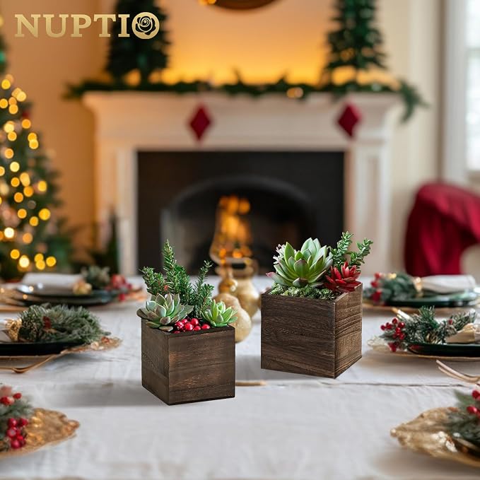 NUPTIO Small Wooden Box for Centerpiece, Brown, Square, 4"/5", 6 Pcs | Farmhouse Wood Vases Planter, for Fall Decor, Windowsill, Home, Garden