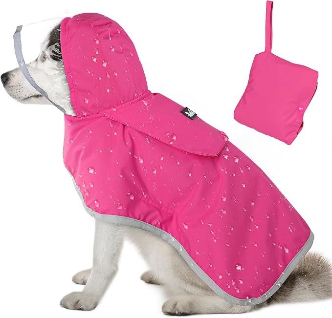 Lukovee Dog Raincoat, Waterproof Rain Jacket, Clear Hood & Reflective Rim | Easy On Off Adjustable Straps, Leash Hole, Soft Mesh Lining, Storage Pocket, Poncho for Small Medium Large Dogs (Fuchsia, S)