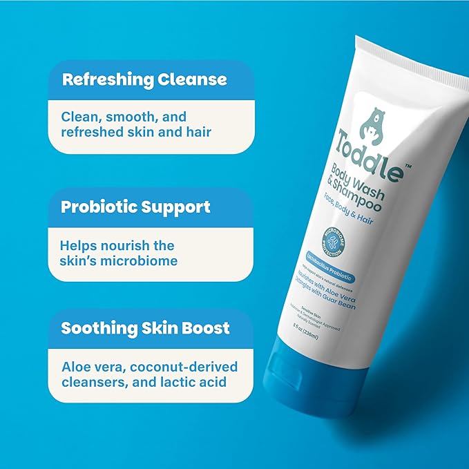 Toddle 3-in-1 Probiotic Baby Shampoo and Body Wash, Plant-Based Kids’ and Toddler Body Wash for Sensitive Skin with Aloe and Lactic Acid, Fragrance-Free, Pediatrician Tested 1.7oz