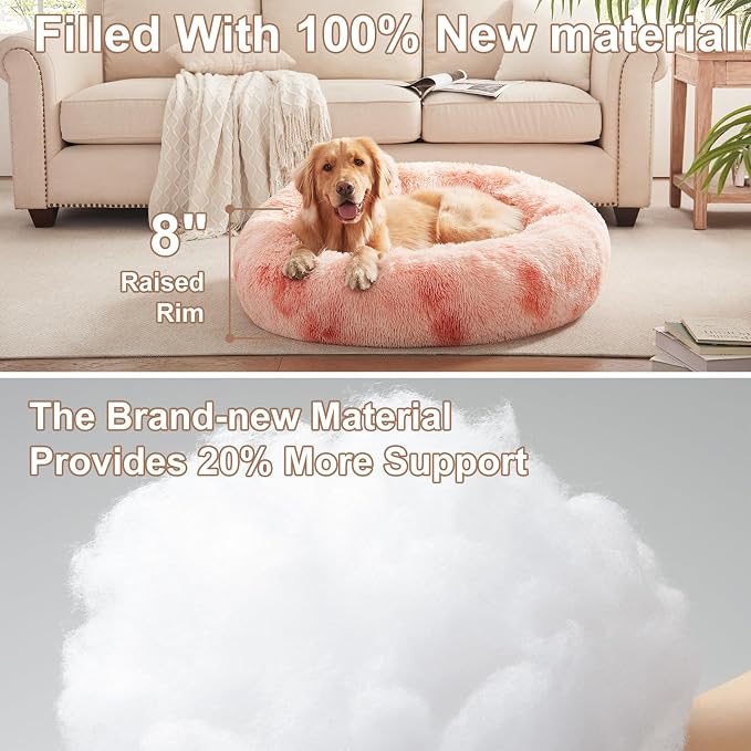 36 in Faux Fur Fluffy Donut Dog Bed for Large Dogs,Tie-dye Pink | Calming Plush Round Pet Bed with Removable & Washable Cover,Fits up to 80 lbs Pets