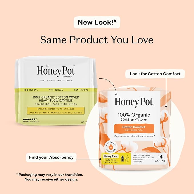 The Honey Pot Company - 56ct - Sanitary Pads for Women - Non-Herbal Heavy Flow Daytime w/Wings - Organic Cotton Cover & Ultra-Absorbent Core - Feminine Care