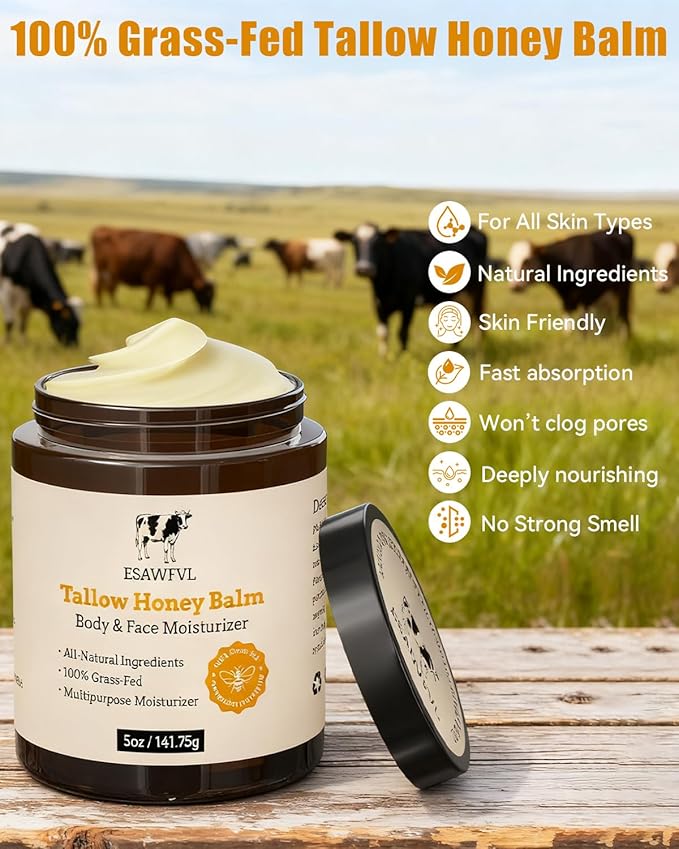 Beef Tallow for Skin, Whipped Tallow and Honey Balm for Body and Face, Natural Formula Grass Fed Tallow Face Moisturizer for All Skin Types - 5oz