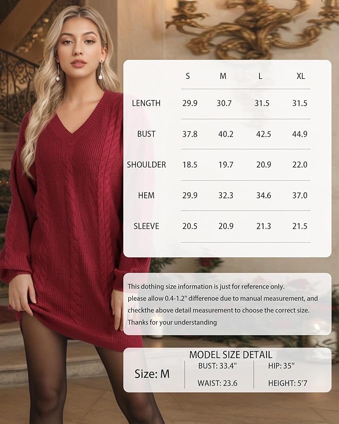 Women's Pullovers Jumper Sweaters Lantern Sleeve Casual V Neck Fall Knit Mini Sweater Dresses