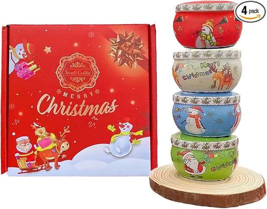 Christmas Scented Candles Gift Set, Holiday Aromatherapy Candles, 4 Decorative Jars in Green, Blue, White with Festive Box, Perfect for Home, Christmas, Thanksgiving (Christmas, 4)