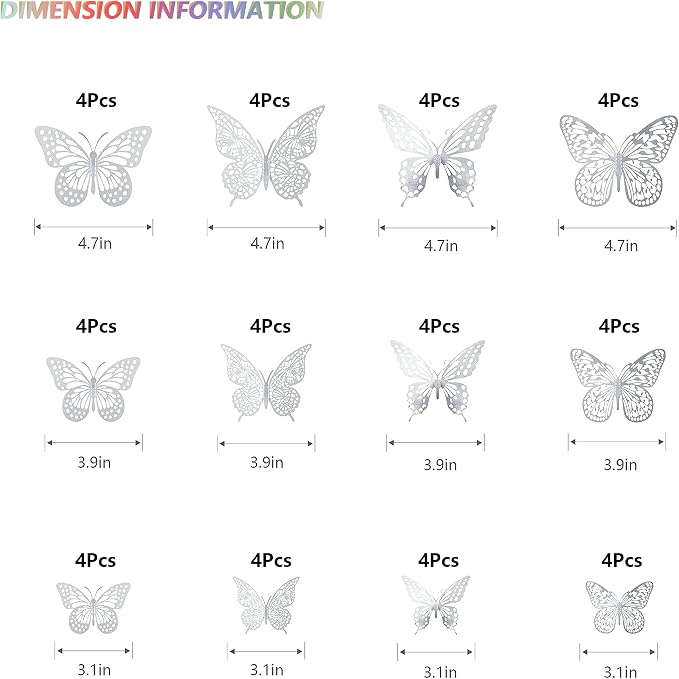 SAOROPEB 3D Butterfly Wall Decor, 48 Pcs 4 Styles 3 Sizes, Removable Metallic Wall Sticker Room Mural Decals for Kids Bedroom Nursery Classroom Party Decoration Wedding Decor DIY Gift (Sliver) | 4 Styles 3 Sizes, Removable Metallic Wall Sticker Mural D...
