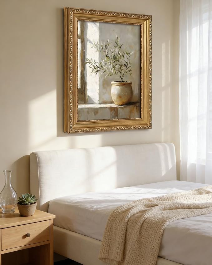 Vintage Gold Framed Wall Art Rustic Olive Branch Canvas Prints 16x24in | Farmhouse Still Life, Neutral Potted Plant Paintings, For Living Room Bedroom Kitchen