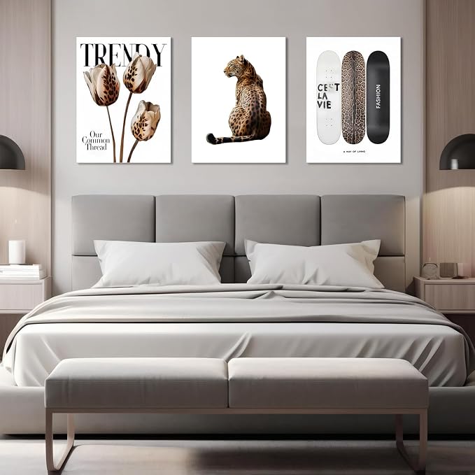 Trendy Leopard Canvas Wall Art Set of 3 Cheetah Printed Preppy Fashion Skateboard Wall Decor Preppy Room Aesthetic posters Prints for Girls Bedroom Apartment Dorm 12x16in Framed Decoration