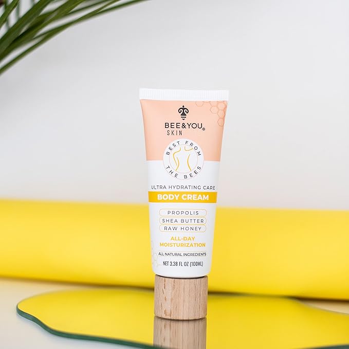 BEE and YOU Ultra Hydrating Body Cream Moisturizer, Shea Butter, Argan Oil, Vitamin B5, Raw Honey and Propolis Extract, 100% Natural, Fast Absorbing Skin Care, 3.38 fl. Oz