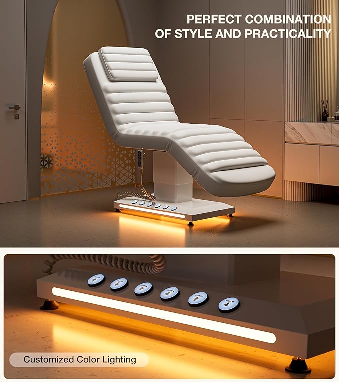 Paddie Luxury Fully Electric Spa Bed, Esthetician Spa Lash Table with LED Lights, Motorized Height & Angle Adjustable for Facial & Medical Treatment, White
