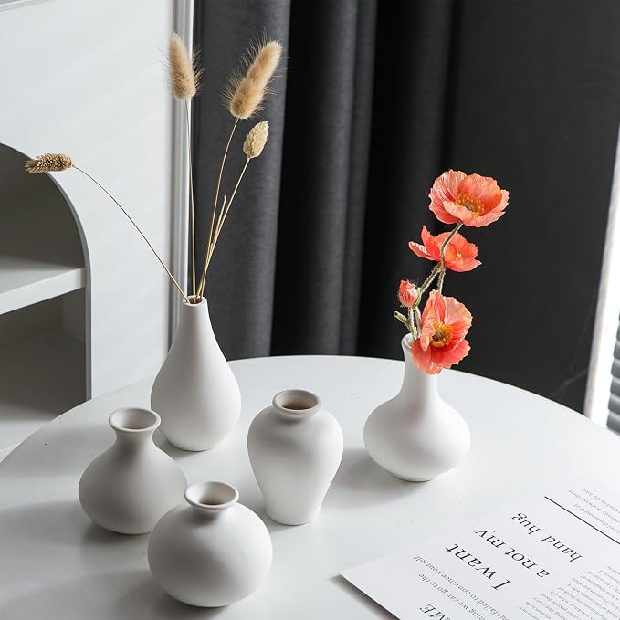 Tanvecle Small White Vases, Ceramic Bud Vase Set of 5, Mini Pottery Vases for Pampas Grass, Flowers, Decorative Vases for Home Modern Decor, Rustic Decor, Veses for Living Room Dining Table Shelves