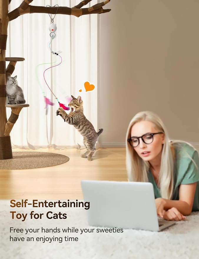 FEELNEEDY Interactive Cat Toys, LED Light, 8 PCS Replacement Teaser with Bell Refills, Feather & Mouse Cats Toy, Hanging Cat Toys for Indoor Cats, for Bored Adult Kitten Exercise, Silver