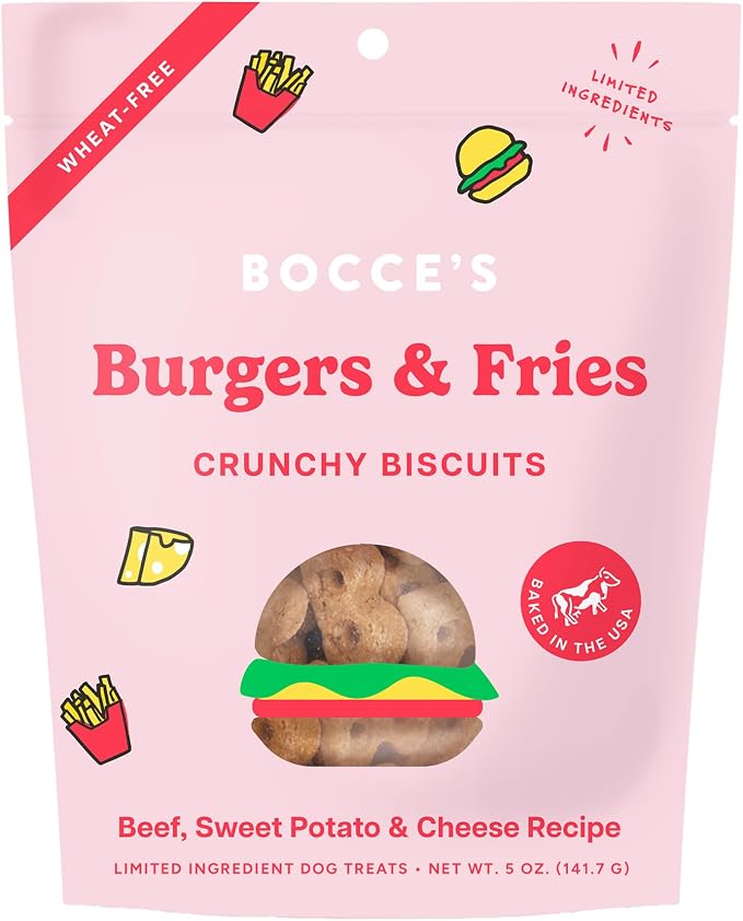 Bocce's Bakery Burgers & Fries Flavor Crunchy Biscuits Dog Treats, 5 oz | Oven Baked, Wheat-Free Everyday Dog Treat Biscuits - Made with Real, Limited Ingredients and Baked in The USA
