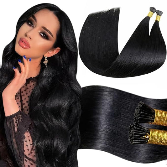 LaaVoo I Tip Hair Extensions Human Hair Jet Black Itips Hair Extensions Soft Straight I Tips Human Hair Extension Pre Bonded Cold Fusion 24inch 100g 100s