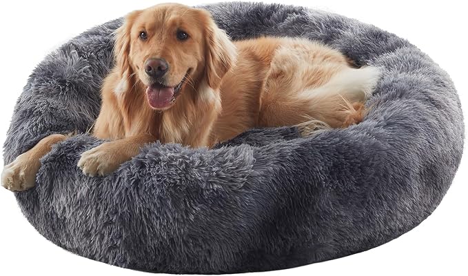 36 in Faux Fur Fluffy Donut Dog Bed for Large Dogs,Tie-dye Grey | Calming Plush Round Pet Bed with Removable & Washable Cover,Fits up to 80 lbs Pets