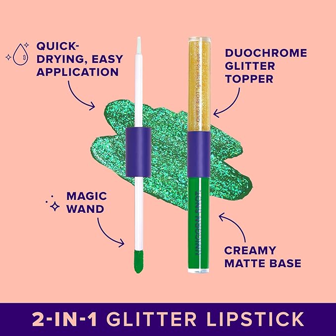 UNICORN SNOT Quiet Riot Glitter Lip Duo | 2-in-1 Set: Matte Lipstick & Plastic-Free Glitter | 0.15oz Green Lipstick & 0.16oz Gloss, Aura