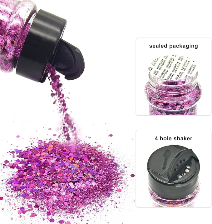 Electric Bliss Beauty - Ultra Pink Holographic Craft & Beauty Glitter - 2oz/56g - 24 Colors - Cosmetic Grade - Easy-Pour Shaker Jar with Dual-Flip Cap