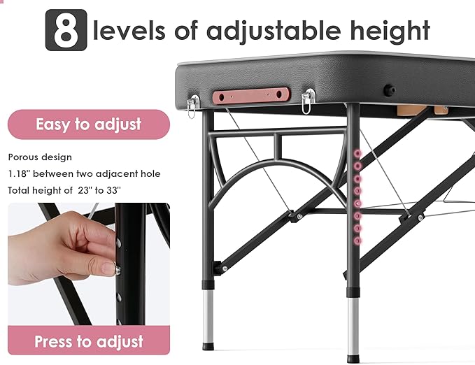 CLORIS 84" Professional Massage Table Portable Reinforced Aluminium Leg Hold Up to 1100LBS 2 Folding Lightweight Spa Salon Tattoo Massage Bed Height Adjustable with Carrying Bag Black