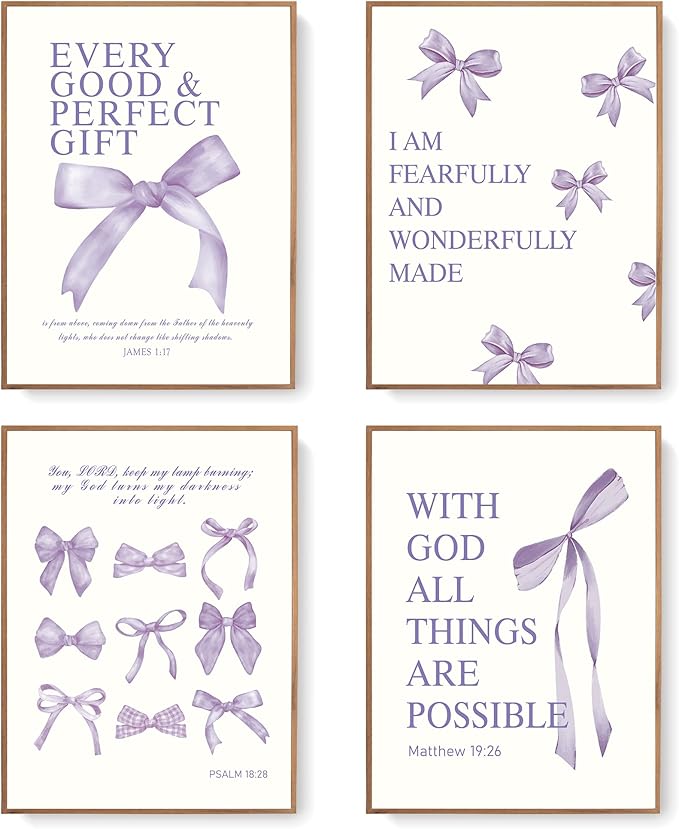 LARTSFRO Coquette Purple Bow Wall Art Decor Posters, Purple Bow Room Bedroom Bathroom Dorm Wall Art Decor Aesthetic for Teen Girls Gifts, Inspirational Bible Verses Bow Wall Decor, 12x16 Inch Set of 4 Pcs Bow Pictures (UNFRAMED)