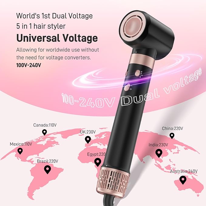 MESCOMB Dual Voltage Hot Air Styler Wrap - 5 in 1 Hair Dryer Brush with Fast Drying Blow Dryer, Styling, Straightening & Volumizing with Travel Bag (100V–240V) -Black + Pink