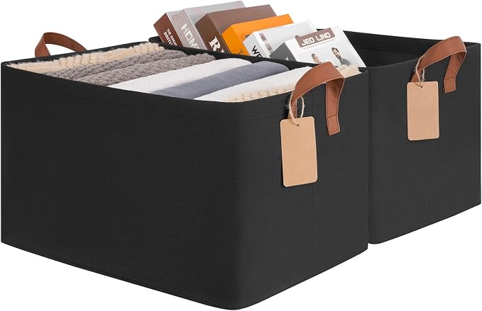 CHICVITA 45L Extra Large Fabric Storage Bins, Metal Frame, 2-Pack, Black | 19" L x 13" W x 11" H, Collapsible Design, Nursery, Living Room & Closet Organization, Toys, Clothes & Blankets Storage