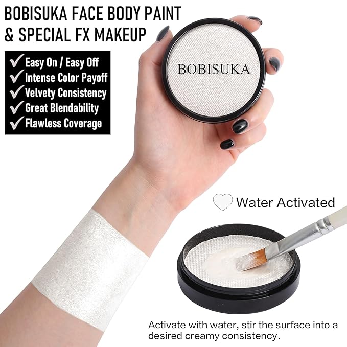 BOBISUKA Pearl White Face Body Paint, Water-Based Metallic Silver Face Painting Kit & Body Paints, Facepaint for Halloween Costume Cosplay Siren, Ice Fairy & Statue SFX Make-Up, Movie, Theater & Stage