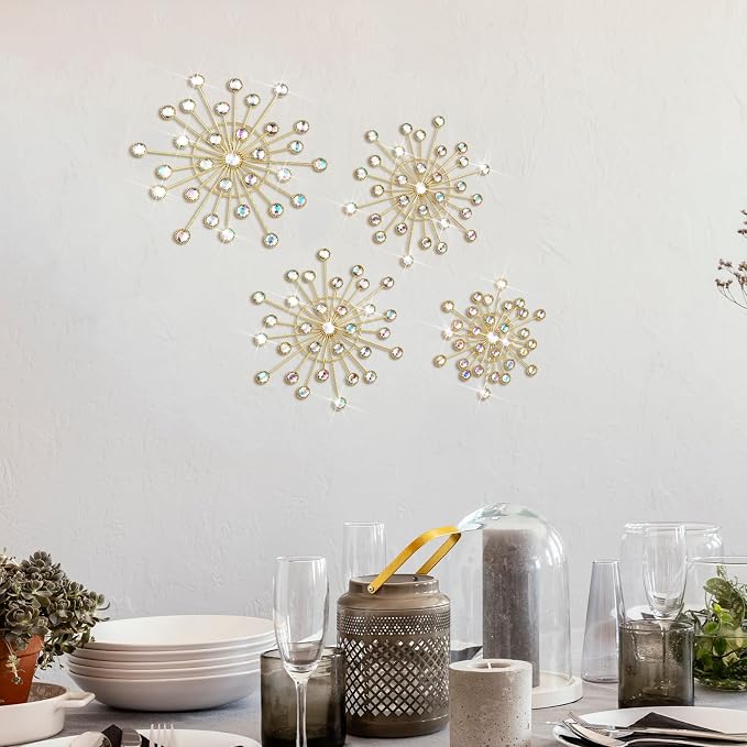 Blulu 4 Pcs Metal Wall Decor Bling Crystal Wall Art Cast Iron Rhinestones Sunburst Decor Starburst Art Hanging Diamond Accents Home Decorative for Living Room Bedroom Entryway(Colorful)