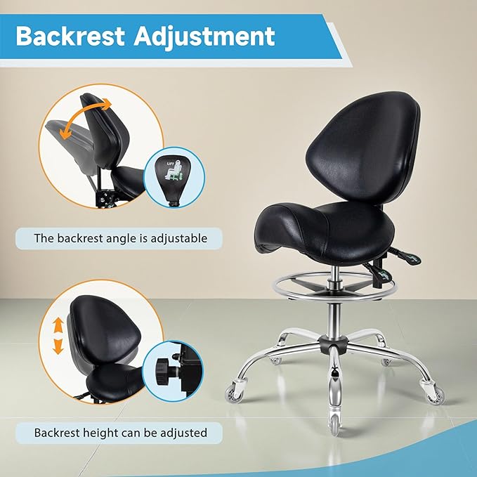 Saddle Stool with Wheels,Ergonomic Swivel Rolling Height Adjustable for Salon Beauty Clinic Dentist Tattoo Home Office（Black）