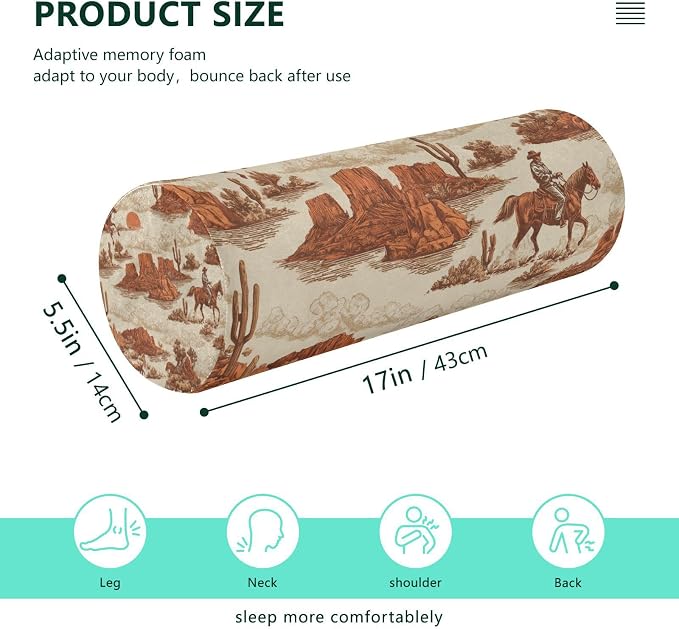 Cowboy Horse Sun Mountains Beige Neck Roll Pillow Bolster Round Health Memory Foam Long Cervical Cylinder Pillows with Removable Washable Cover for Body Bed Legs Back Yoga