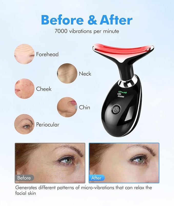 SDKWDH Red-Light-Therapy-for-Face-and-Neck, 7 Color Face Massager Tool for Wrinkles, Double Chin, Vibrating Facial Massager with Thermals for Skin Care, Glossy Black