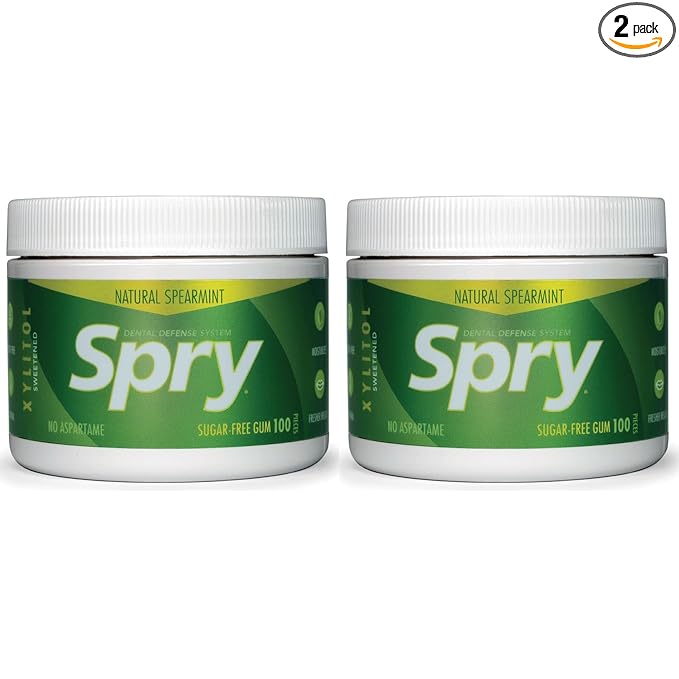 Spry Fresh Natural Xylitol Chewing Gum Dental Defense System - Aspartame-Free, Sugar-Free, Non-GMO, Gluten-Free (Spearmint, 100 Count - Pack of 2)