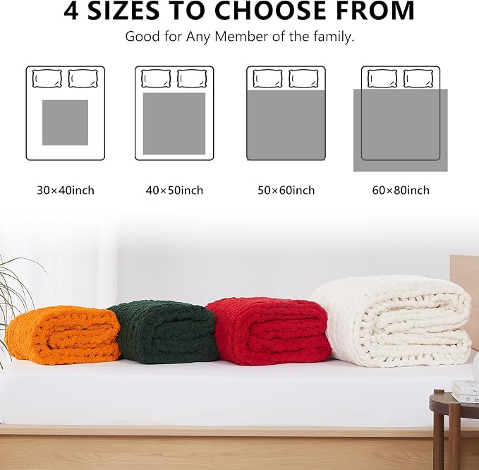L'AGRATY Chunky Knit Throw Blanket for Couch, 60 x 80 Inches, Olive Green | Handmade Chenille Crochet Blanket for Sofa Bed, Thick Cable Knitted Blankets for Room Home Decor, Birthday Gift for Women Mom