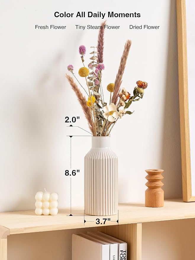 STHIE 8 Inches Ceramic Flower Vase, White Vases for Centerpieces | Flambé Reactive Glaze,Minimalist Modern Home Decor, Pampas Grass Vase for Table, Fireplace, Shelf, Mantel, Entryway
