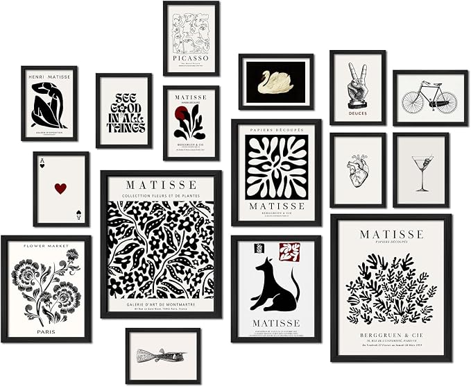 16 PCS Framed Black and White Wall Art Decor, Matisse Abstract Wall Prints for Bedroom, Gallery Wall Frame Set, Minimalist Posters for Living Room Aesthetic, Collage Kit, Dorm Home Artwork
