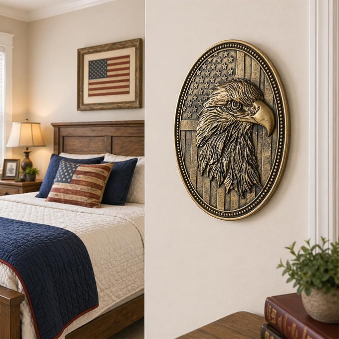 Vintage American Eagle Wall Sculpture, Antique Wall Decor, 4th of July Decor, Hand Painted Wall Decoration with Embossed Eagle Design, 250 Anniversary USA Decor, Patriotic Decoration for Bedroom Living Room Hallway, Housewarming Gifts