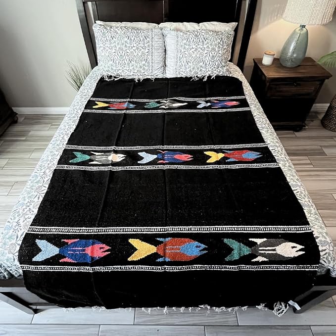 Open Road Goods Thick Mexican Yoga Blanket - Serape Fish Design - Handmade (Black)