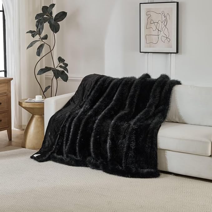 Luxury Fluffy Faux Fur Throw Blanket, Thick Silky Fuzzy Cozy Plush Blanket for Couch, Sofa, Chair, Bed - Black, 60x80 Inches