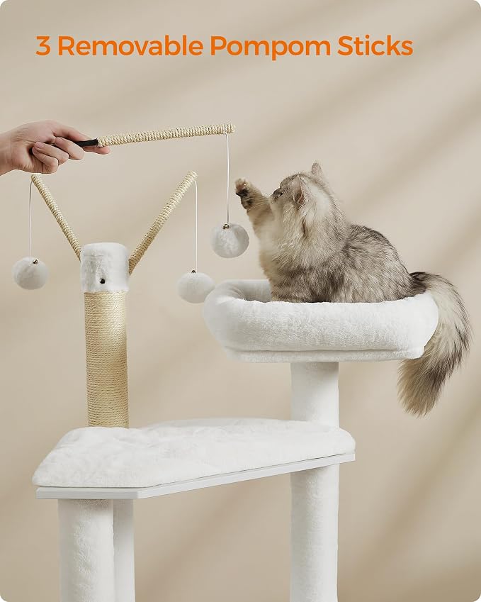 Feandrea Cat Tree with Litter Box Enclosure, 59-Inch Modern Cat Tower | 2-In-1 Condo with Scratching Posts, Washable Removable Cushion, Cloud White UPCT113W01