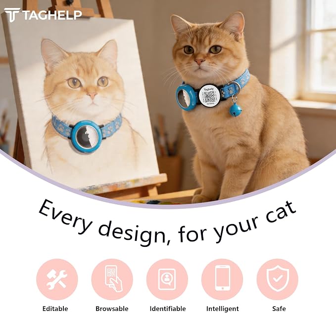 Paw Print AirTag Cat Collar - Waterproof Breakaway Reflective Collar with Bell, Secure Apple Airtag Holder & Safety Buckle | Pet Supplies, Gifts for Cat Owners (Blue)