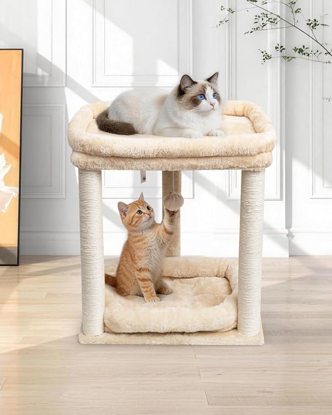 SYANDLVY Small Modern Cat Tree with 2 Levels Perch Platforms for Kittens | Natural Sisal Scratching Post Tower with Hanging Bell Ball & Anti-Tip Strap, Cat Furniture for Indoor Cats, Beige