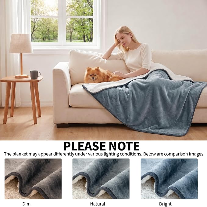 Sunheir Waterproof Blanket for Bed & Couch, Reversible Soft Sherpa Fleece Flannel Throw 50"X60", Leakproof Spill-Proof Dog Pet Blanket, Furniture & Sofa Protector, Camping, Travel, Grey