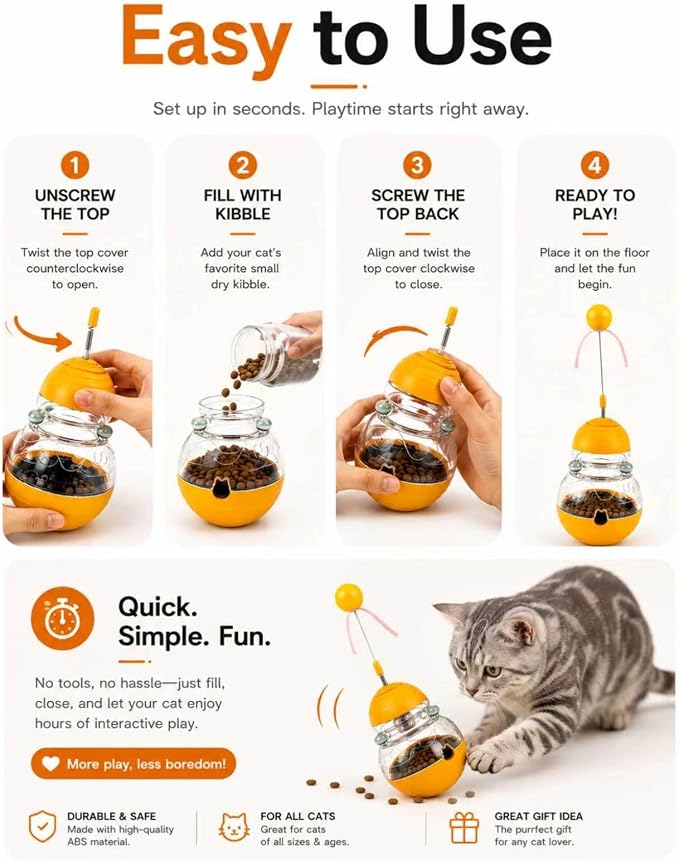 Cat Toy for Indoor Cats: Interactive Wobble Treat Dispenser Ball with Puzzle Feeder, Teaser Wand & Mental Stimulation