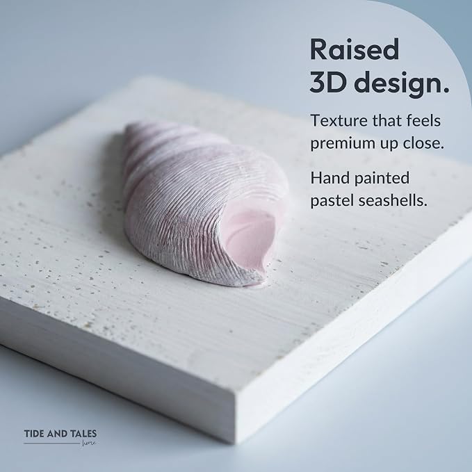 Tide and Tales 3D Seashell Wall Art, Coastal Bathroom Wall Decor, Set of 4 | 6" x 6", Textured 3D Beach Decor, Rustic Ocean Theme Decorations for Home or Beach House, Hanging Ready, Gift Boxed