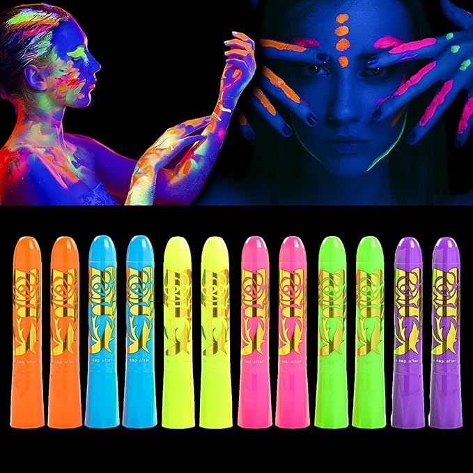 12 Pcs Face Painting Kits for Kids, Glow In The Dark Under UV Black Light Sticks，Face Body Paint Glow Party Supplies，for Birthday, Halloween, Thanksgiving Day, Cosplay Makeup, Gifts for Kids Adult