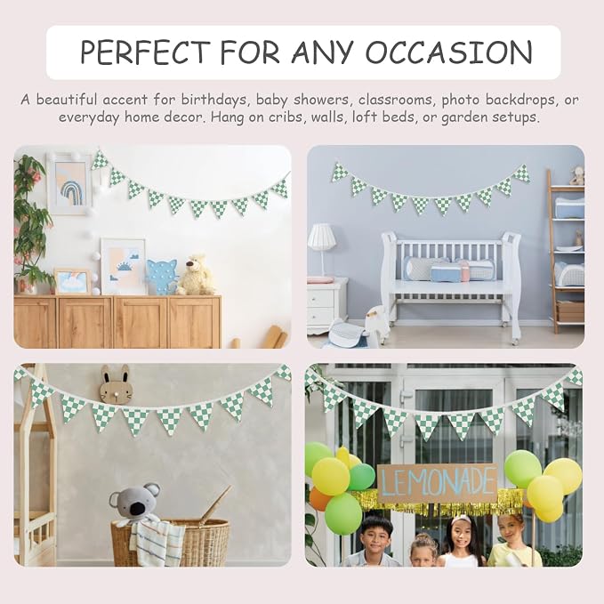 Green Classroom Wall Decor, Green and White Checkered Garland Triangle Banners, Boys Room Wall Art Decor,Cars Room Decor for Toddler Nursery Playroom,Racing Flag 11Ft Bunting Flags Fabric