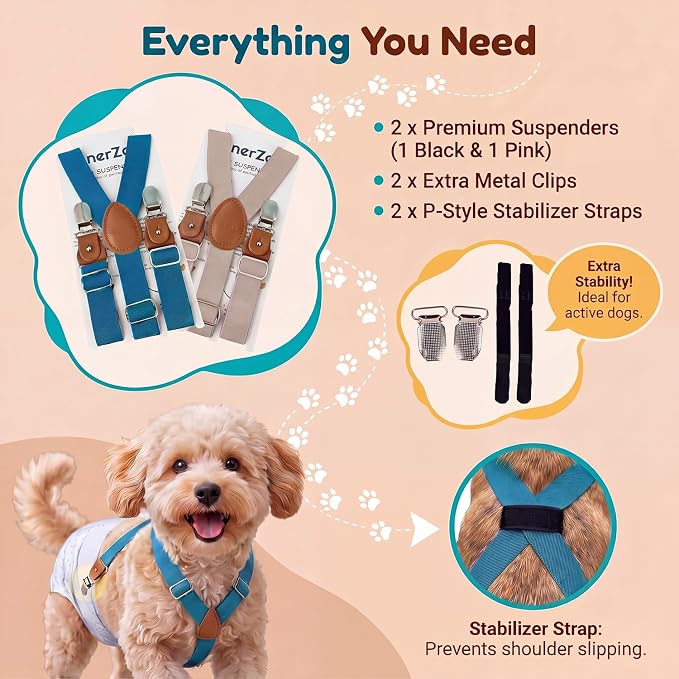 2 Pieces Dog Diaper Suspenders, for Dog Diaper Female and Belly Band for Male (Blue&Beige, Small/Medium)