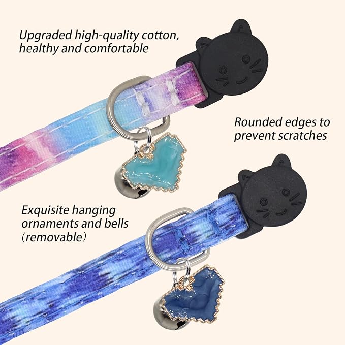 Cat Collar Breakaway, 2 Pack Cotton Kitten Collars with Bells and Removable Charms, Cute Heart Shaped for Indoor Boy, Girl and Adult Cats