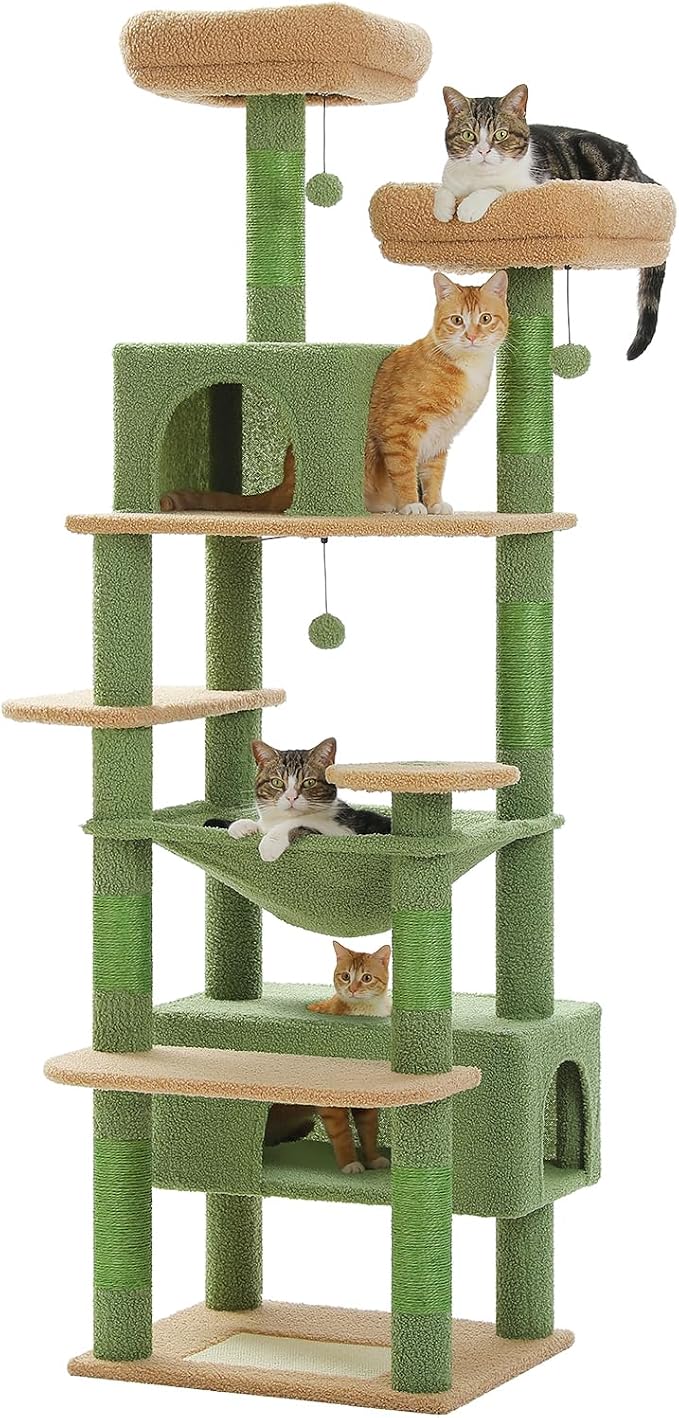 PAWZ Road 72" Cactus Cat Tree Tall Tower with Hammock&Condo for Large Cats | 20"×16" hammock for adult cats, tall cat tower with 7 scratching posts&pad, 2 large condos&top perches for multi-cats