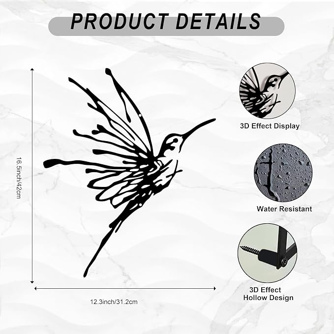 3D Metal Hummingbird Wall Art, Black Outdoor Decor, Waterproof(12.3"x16.5") | Stunning 3D black metal hummingbird, weatherproof design, ideal for garden, yard, or balcony wall decoration